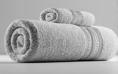 Rolled grey towels on a light gray surface