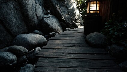 Wooden path winding through rocks, shaded path