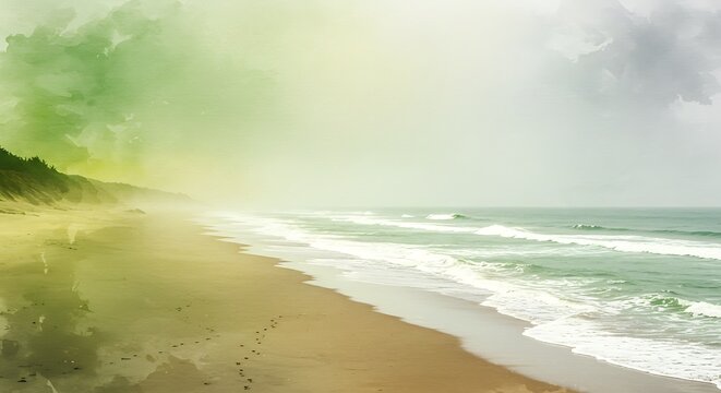 A serene beach scene with gentle waves rolling onto the sandy shore under a soft, hazy sky.