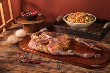 Air-Dried Preserved Chicken Local Specialty Ready to Eat Traditional Delicacy on Wooden Board