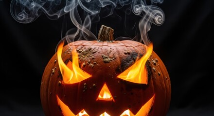 Eerie Halloween pumpkin lantern emitting ghostly smoke and fiery flames against a dark backdrop