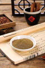 Ground Cumin Spice Powder in Bowl with Traditional Chinese Cooking Ingredients and Ancient Text Background