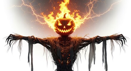 Fiery pumpkin scarecrow with menacing gaze under stormy sky a halloween night