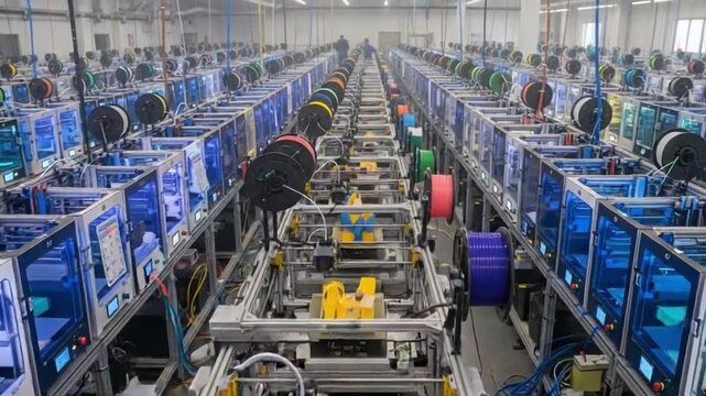 Wide angle establishing shot showcasing a large scale 3D printing facility with rows of printers, automation equipment, and spool filament for innovative manufacturing