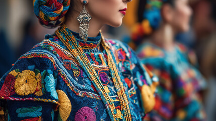 Traditional Mexican Costume with Colorful Embroidery and Jewelry at Festival Internacional Cervantino Parade Celebrating Heritage, Folklore, Art, and Cultural Identity in Guanajuato