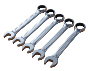 Professional set of metal spanner tool wrench for mechanic repair work. Organized chrome spanners isolated on transparency background for maintenance or DIY projects