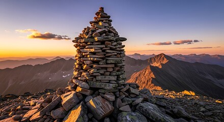 Majestic Sunrise Mountaintop Cairn Landscape.