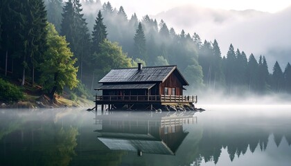Fototapeta premium A serene wooden cabin rests peacefully on a misty lake, surrounded by a dense forest, casting a tranquil reflection on the calm water.