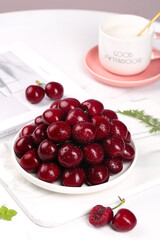 Fresh Red Cherries on White Plate with Coffee Cup - Healthy Breakfast Food Photography