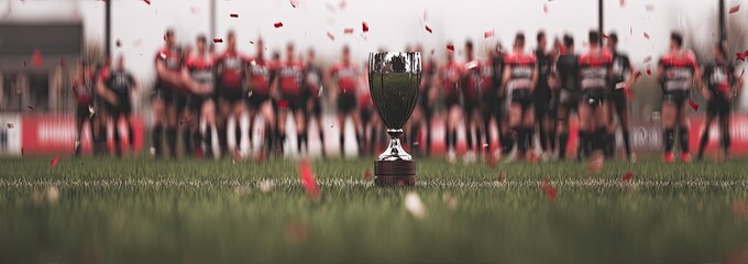 Rugby team celebrates victory with confetti, trophy in focus