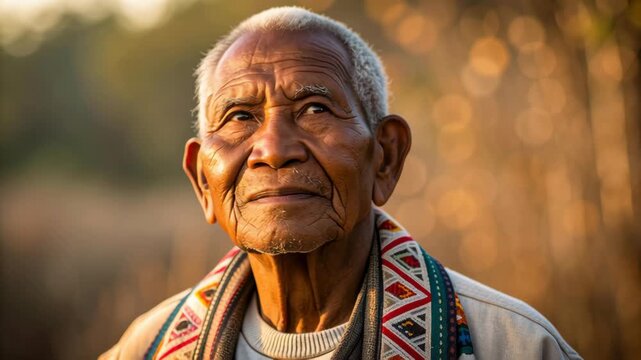 Elderly man with gray hair and patterned scarf gazing upward outdoors in warm sunlight, peaceful expression, wisdom, autumn nature, bokeh background