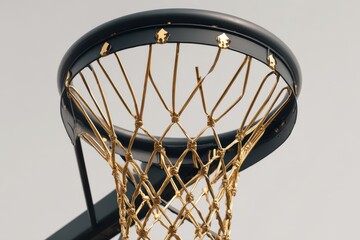 Luxury basketball hoop with a shiny golden chain net and black rim against a white background.