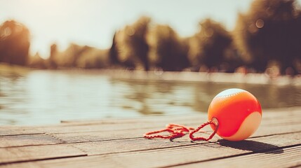 Orange ball on dock by lake