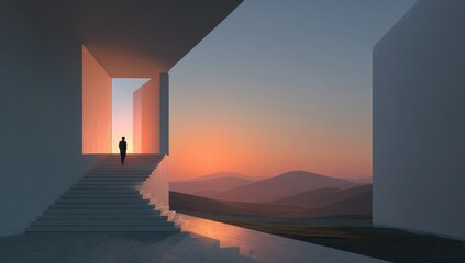 A lone figure ascends minimalist white stairs towards a vibrant sunset over a distant, hazy mountain range, viewed from within a modern, geometric structure
