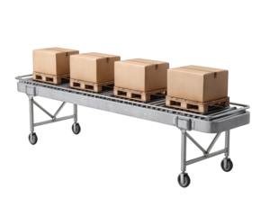 Efficient belt conveyor system with cardboard box cargo on packaging line. This automated industrial machine for logistics and shipping represents smooth production process