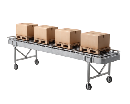 Efficient belt conveyor system with cardboard box cargo on packaging line. This automated industrial machine for logistics and shipping represents smooth production process