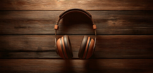 Stylish brown headphones resting on rustic wooden planks create a warm, inviting ambiance perfect for music lovers and audiophiles