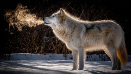 Arctic wolf exhales steam in snowy landscape