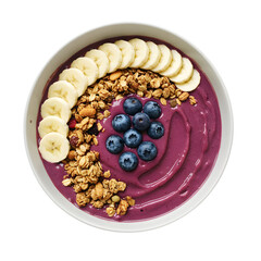 Healthy acai bowl topped with granola sliced bananas and fresh blueberries transparent background