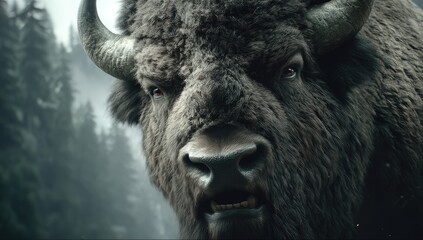Close-up of a bison's intense face,  surrounded by misty forest