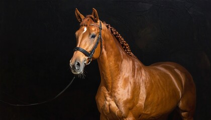 Obraz premium A magnificent chestnut horse, elegantly posed against a deep black backdrop, showcasing its braided mane and sleek coat.