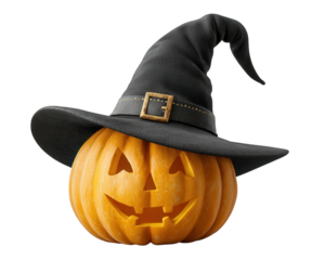 Spooky Jack o lantern pumpkin with witch hat, carved for fun Halloween holiday. This evil grinning decoration festive, spooky theme clipart element on transparent background