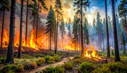 Obraz premium A vibrant forest landscape ablaze with wildfire, showcasing the destructive power of nature's fury.