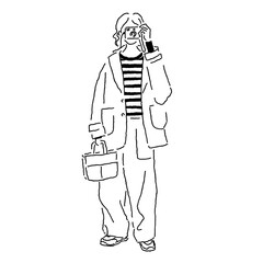 Fashionable woman with camera, oversized coat and wide pants, line art fashion illustration
