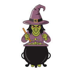 Flat vector illustration of a green-faced witch stirring a bubbling cauldron, perfect for Halloween, magic, fantasy, and spooky design projects.