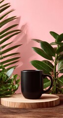 Obraz premium A matte black mug sits on a light wood round board, nestled amongst lush green tropical foliage against a pale pink backdrop, casting shadows