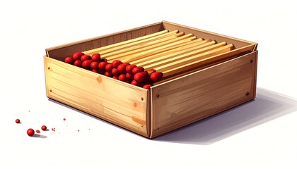 A wooden matchbox filled with wooden matches and red matchheads, presented in a detailed illustration.