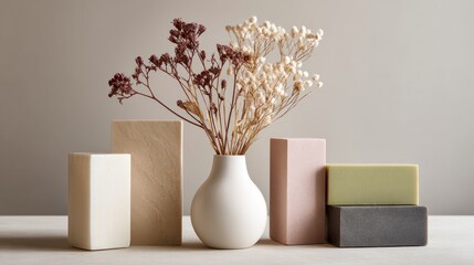 Elegant still life featuring dried flowers in a white vase surrounded by geometric shapes and natural soap bars