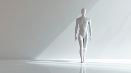 White mannequin walking in a minimalist studio