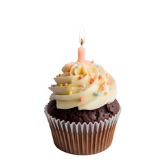 Delicious chocolate cupcake with vanilla frosting and candle isolated on transparent background