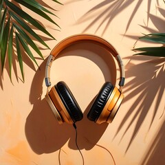 Stylish gold-toned headphones rest atop a soft peach surface, accented by tropical leaf shadows.