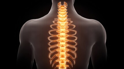 Fototapeta premium Anatomical Illustration of Human Spine with Radiant Orange Glow on Black Background Showcasing Vertebrae Structure and Health Concepts