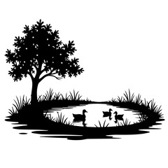 ducks on the lake, bird, water, lake, sunset, nature, birds, tree, landscape, sun, duck, silhouette, goose, animal, flying, sky, pond, geese, wildlife, vector, river, ducks, summer, wild, fly, illustr