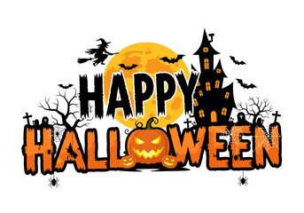 Happy Halloween: Spooky Night with Pumpkins, Witch, and Haunted House