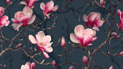Close up of delicate pink magnolia flowers blooming on dark branches