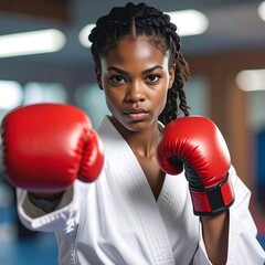 Determined female martial  in focused stance, showcasing a powerful punch.