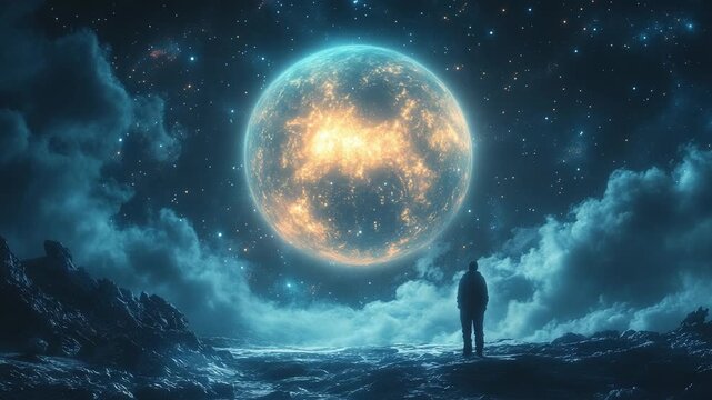 Person gazing at a luminous moonlit landscape