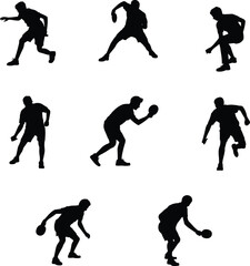 Basketball silhouettes, athletic movement, dynamic poses, sports illustration, ball control, dribbling action, minimal design, black figures, vector art, competitive energy