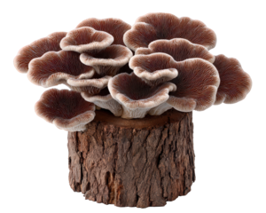 Cluster of fresh organic brown wood ear mushroom, gourmet edible fungus, growing on log. delightful and healthy ingredient for Asian cuisine and many recipes