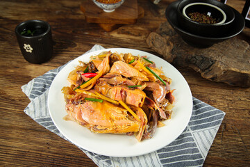 Hubei Air-Dried Chicken with Vegetables - Traditional Chinese Cuisine on Wooden Table