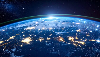 A vibrant view of Earth from space showcases city lights, connectivity, and the sun's radiant glow. Starfield backdrop