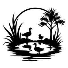 ducks on the lake, bird, water, lake, sunset, nature, birds, tree, landscape, sun, duck, silhouette, goose, animal, flying, sky, pond, geese, wildlife, vector, river, ducks, summer, wild, fly, illustr