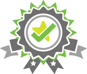 Green checkmark and yellow star inside a gray and green badge with a gray ribbon and white background