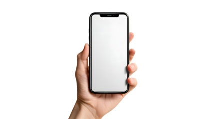 Hand holding smartphone with blank screen on transparent background