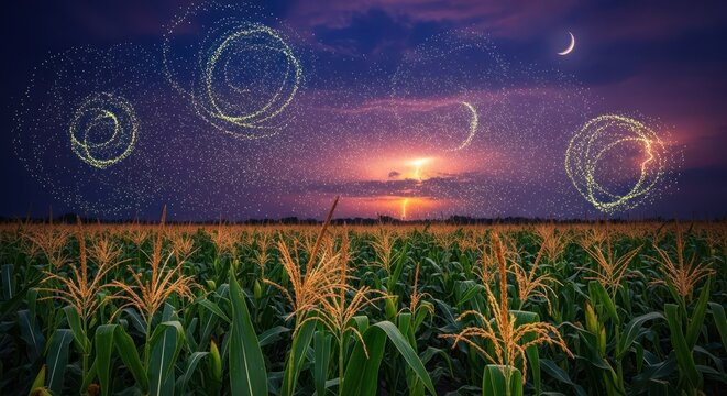 Surreal nightscape: Illuminated cornfield under a swirling star-filled sky with a crescent moon - Powered by Adobe