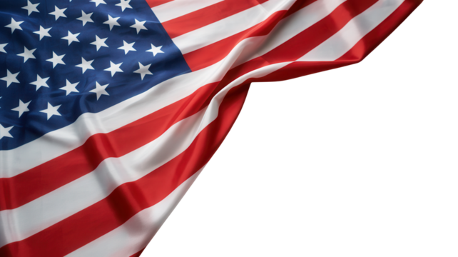 Close up of the american flag waving with stars and stripes in detail isolated on transparent background